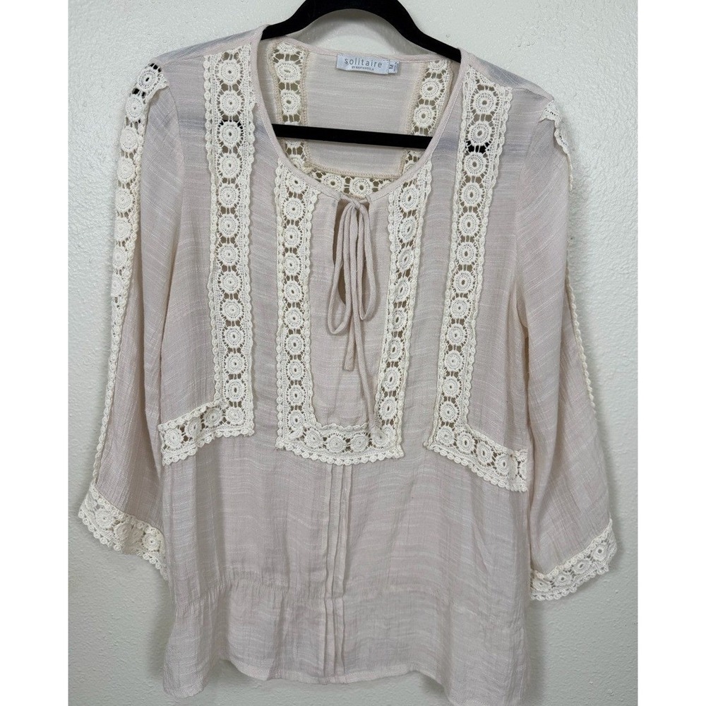 Solitaire by Ravi Khosla Cream Lace Trim Sheer Peasant Blouse Medium